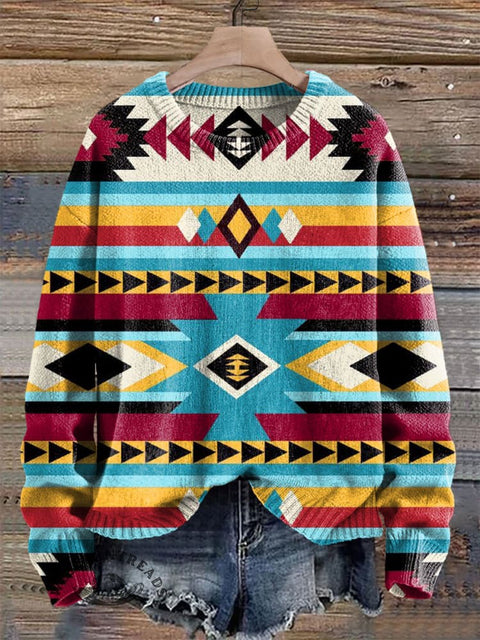 Colorful Aztec Print Knit Pullover Sweater