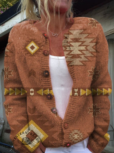 Retro Brown and Orange Aztec Print Buttoned Cardigan Sweater