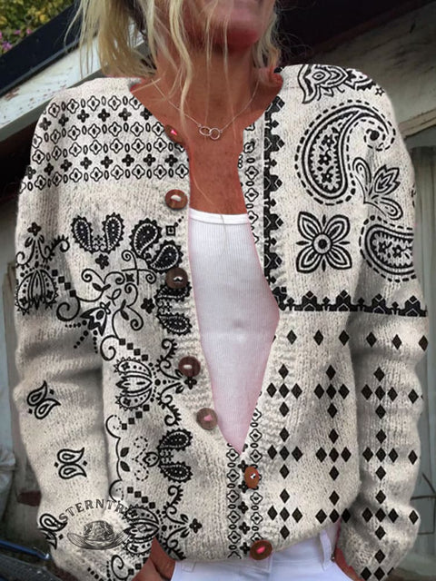 Retro Print Buttoned Cardigan Sweater