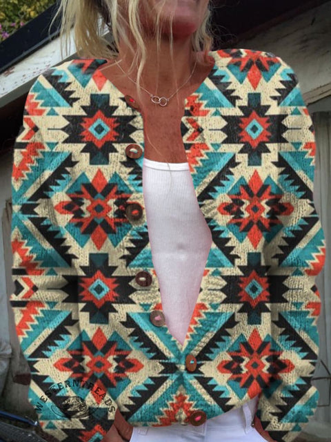 Retro Color Aztec Print Buttoned Cardigan Sweater