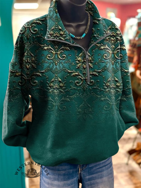 Retro Flower Hot Stamping Visual Gradient Casual Long Sleeve Zip Sweatshirt