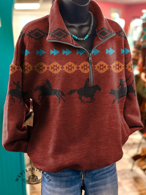 Retro Aztec and Galloping Horses Casual Long Sleeve Zip Sweatshirt