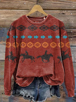 Retro Aztec and Galloping Horses Casual Cotton Sweatshirt