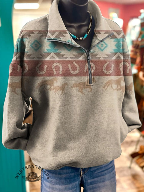 Retro Aztec and Galloping Horses Casual Long Sleeve Zip Sweatshirt