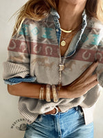 Retro Aztec and Galloping Horses Women's Casual V-neck Pullover Knit