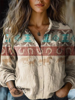 Women's Retro Aztec and Galloping Horses Print Casual Long Sleeve Comfortable Cotton Shirt