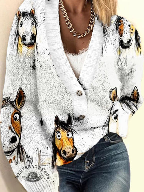 Funny Donkey and Horse Print Buttoned Cardigan Sweater