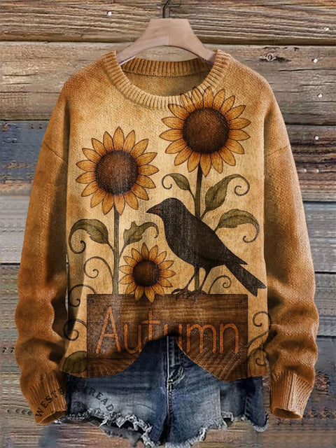Autumn Sunflowers and Black Crows Print Knit Pullover Sweater