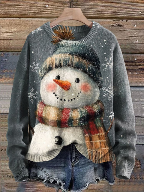 Cute Snowman Print Knit Pullover Sweater