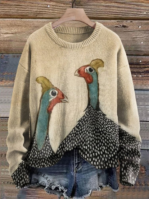 Funny Chicken Print Knit Pullover Sweater