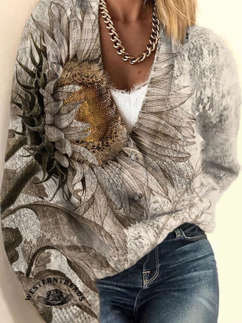 Retro Sun Flower and Bee Print Buttoned Cardigan Sweater