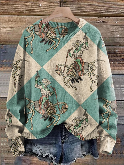 Plaid Skull Print Knit Pullover Sweater