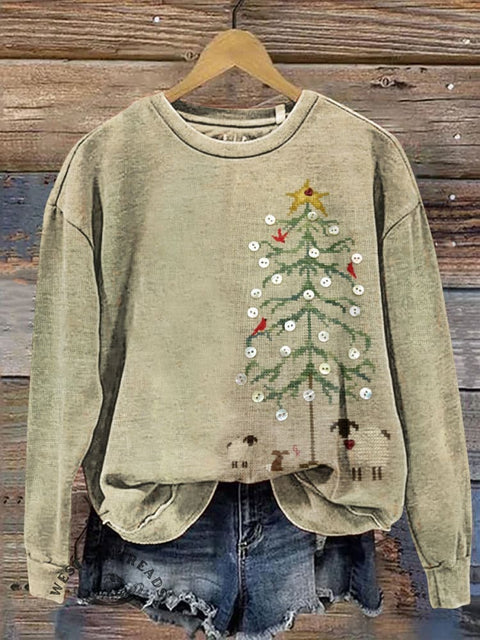 Imitation Embroidery Button Visual Christmas Tree and Sheep Casual Cotton Sweatshirt