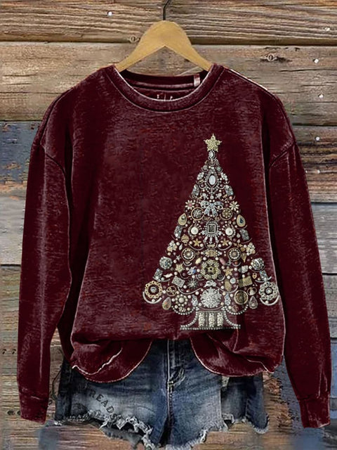 Imitation Beaded Visual Christmas Tree Casual Cotton Sweatshirt