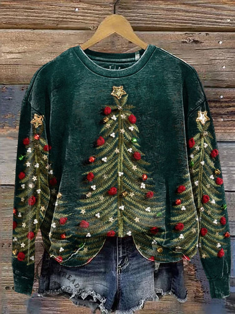 Imitation Embroidery Visual Christmas Tree Casual Cotton Sweatshirt