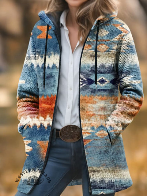 Color Aztec Unisex Plush Thick Long-Sleeved Cardigan Coat
