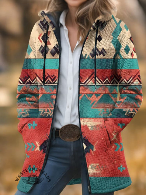 Color Aztec Unisex Plush Thick Long-Sleeved Cardigan Coat