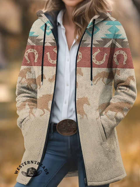 Retro Aztec and Galloping Horses Casual Cotton Sweatshirt