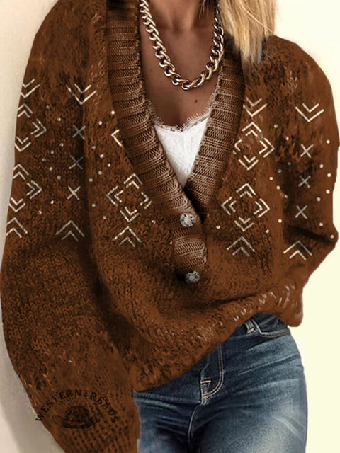 Retro Brown Print Buttoned Cardigan Sweater