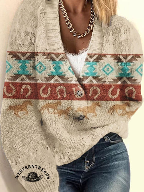Retro Aztec and Horse Print Buttoned Cardigan Sweater