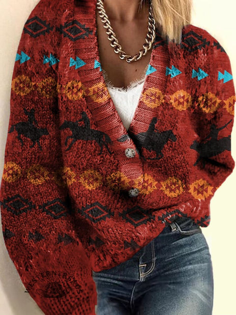 Retro Aztec and Horse Print Buttoned Cardigan Sweater