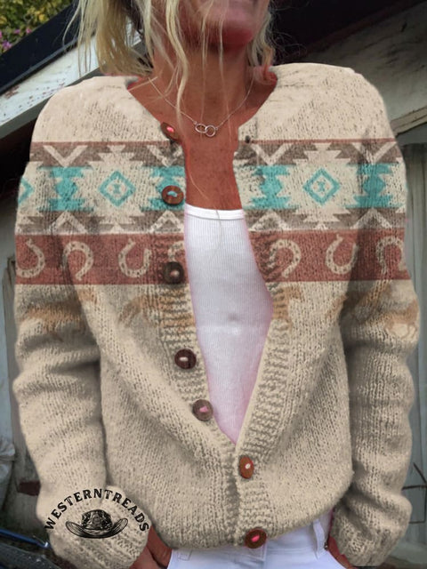 Retro Aztec and Galloping Horses Casual Cotton Sweatshirt