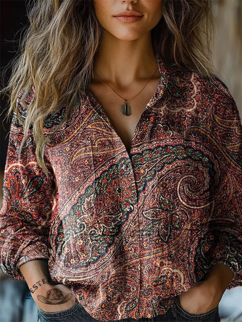 Women's Retro Paisley Print Casual Long Sleeve Comfortable Cotton Shirt