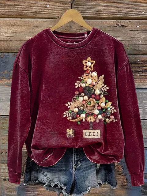 Retro Imitation Beaded Visual Christmas Tree Casual Cotton Sweatshirt