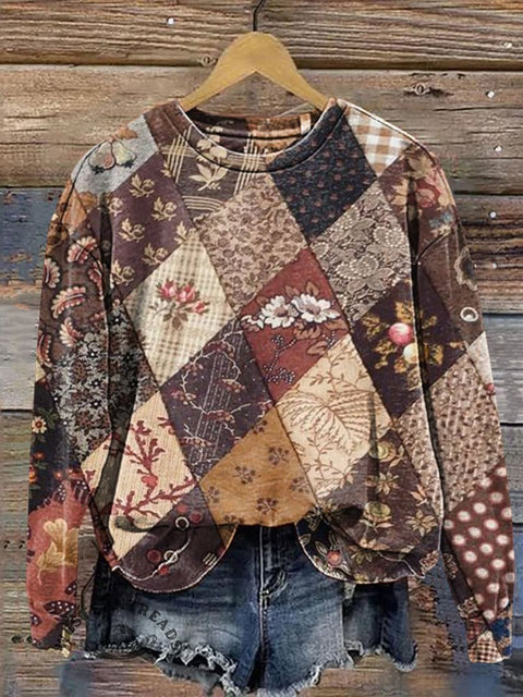 Diamond Check Retro Flower Imitation Patchwork Visual Casual Cotton Sweatshirt