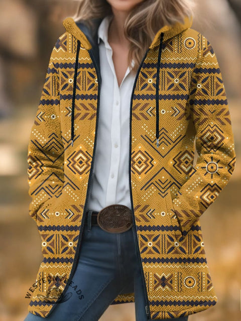 Retro Yellow Aztec Unisex Plush Thick Long-Sleeved Cardigan Coat