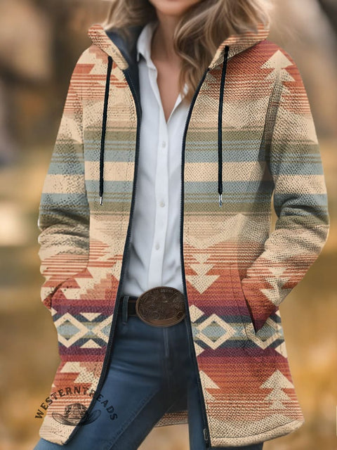 Retro Color Aztec Unisex Plush Thick Long-Sleeved Cardigan Coat