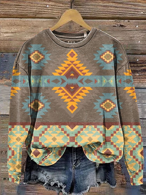 Retro Aztec Patchwork Casual Cotton Sweatshirt