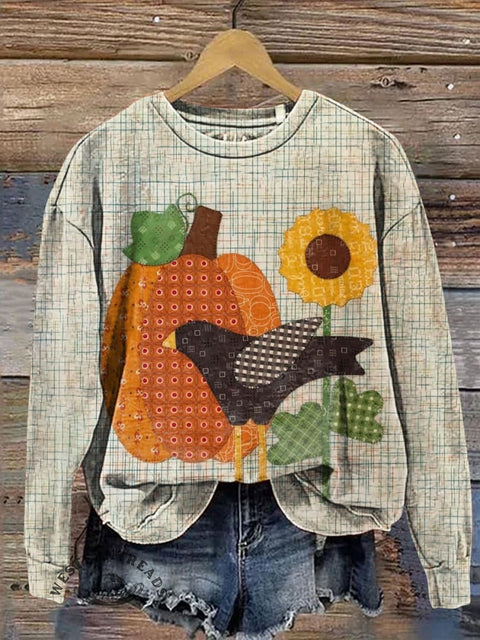 Halloween Crow Pumpkin Sunflower Imitation Patchwork Embroidery Visual Casual Cotton Sweatshirt