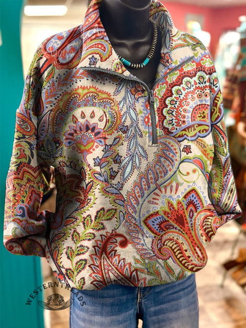 Colorful Paisley Casual Long Sleeve Zip Sweatshirt