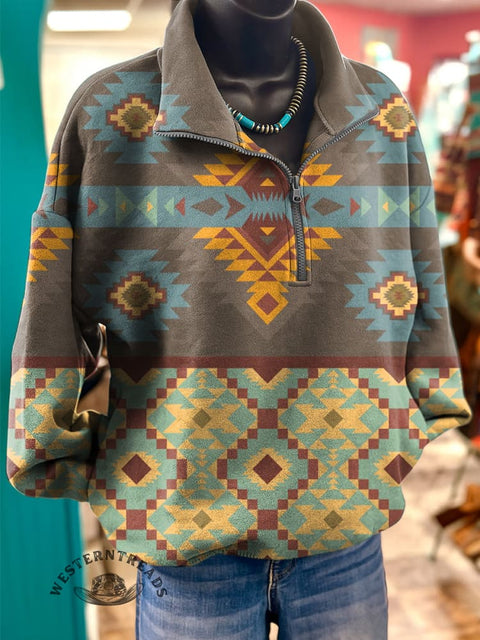 Retro Aztec Patchwork Casual Long Sleeve Zip Sweatshirt