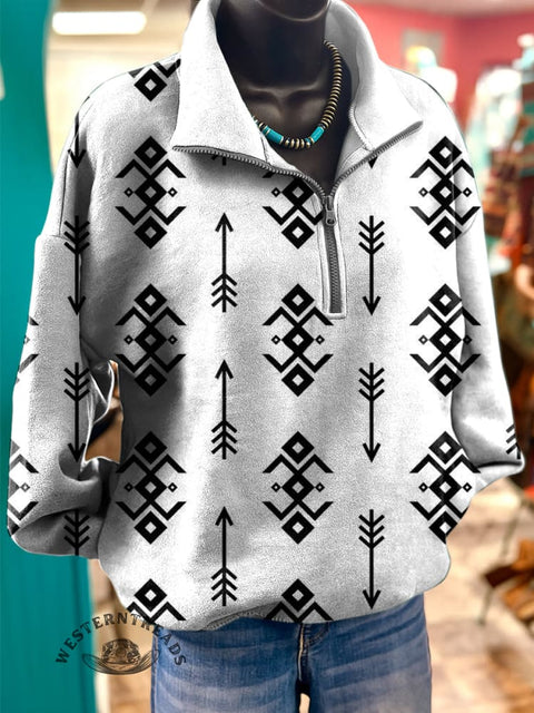 Retro Tribal Pattern Casual Long Sleeve Zip Sweatshirt