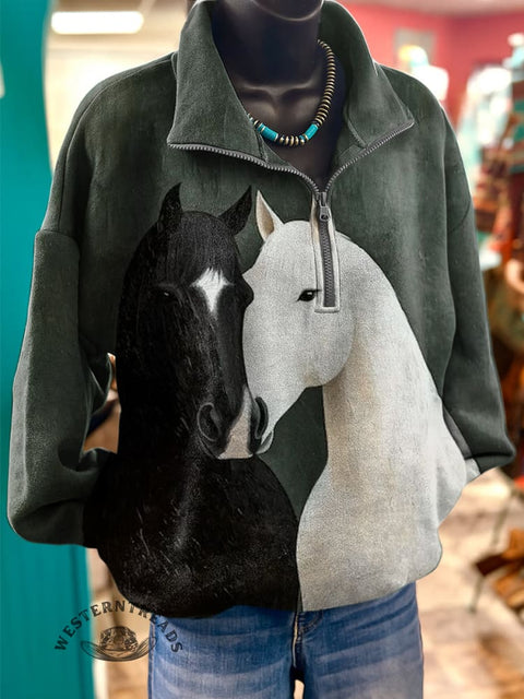 Horse Casual Long Sleeve Zip Sweatshirt