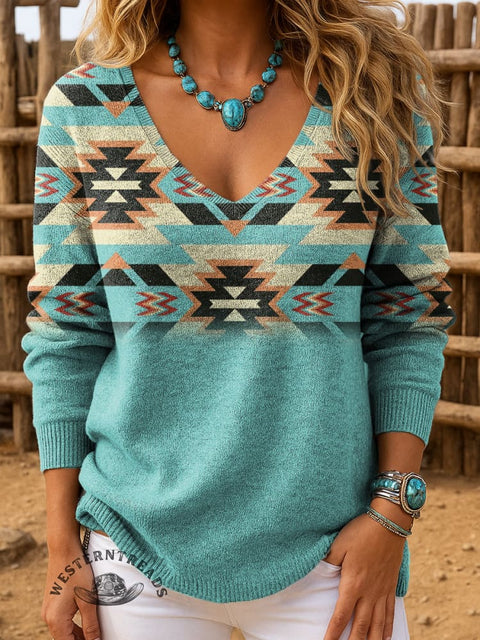 Women's Retro Gradient Aztec Casual V-neck Pullover Knit