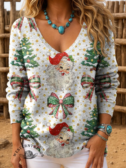 Women's Santa Claus Bow and Christmas Tree Casual V-neck Pullover Knit