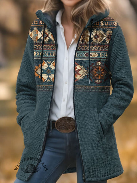 Retro Aztec Gradient Unisex Plush Thick Long-Sleeved Cardigan Coat