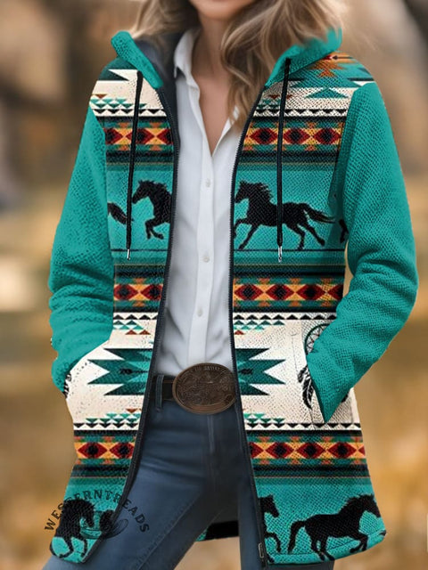 Retro Aztec and Horse Racing Unisex Plush Thick Long-Sleeved Cardigan Coat