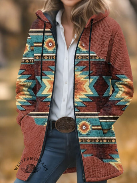 Retro Aztec Patchwork Racing Unisex Plush Thick Long-Sleeved Cardigan Coat