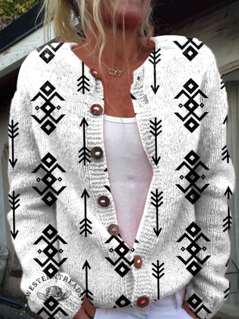 Retro Tribal Pattern Print Buttoned Cardigan Sweater
