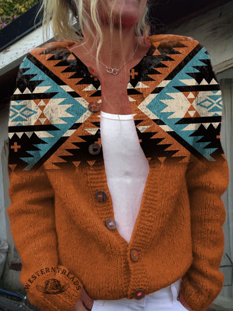 Gradient Aztec Print Buttoned Cardigan Sweater