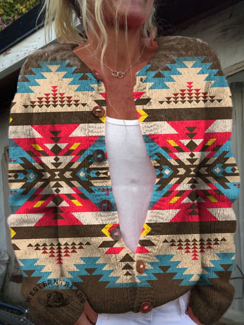 Colorful Aztec Print Buttoned Cardigan Sweater