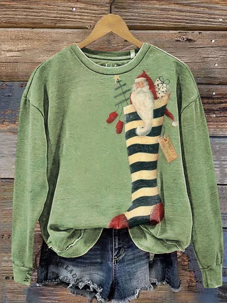 Vintage Socks and Santa Claus Casual Cotton Sweatshirt