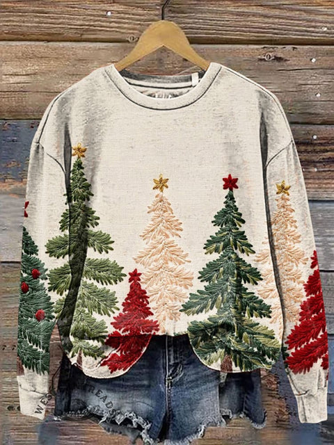 Imitation Embroidery Visual Christmas Tree Claus Casual Cotton Sweatshirt
