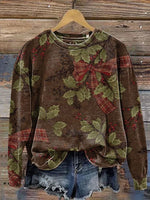 Vintage Christmas Bows and Leaves Claus Casual Cotton Sweatshirt