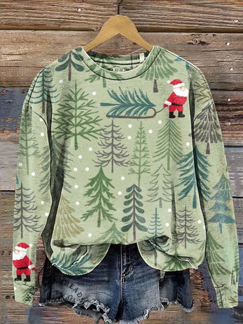 Christmas Tree and Santa Claus Casual Cotton Sweatshirt