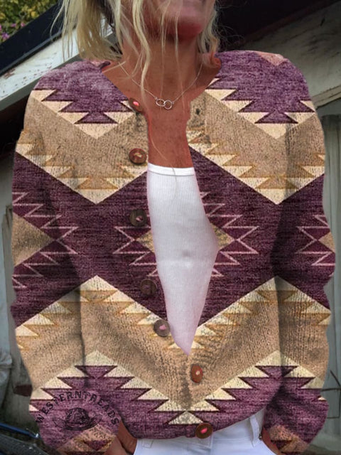 Colorful Aztec Print Buttoned Cardigan Sweater